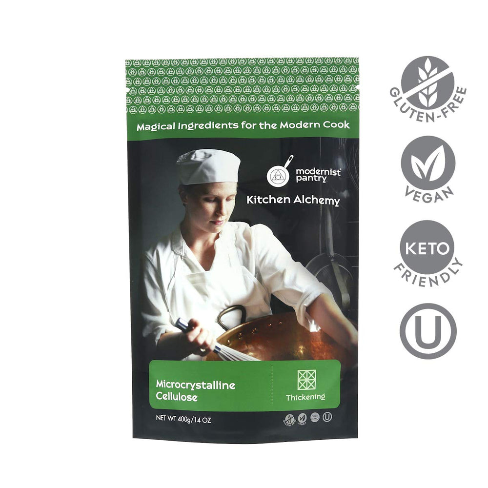 Modernist Pantry Pure MCC powder with scoop emphasizes easy measuring and consistent bulking