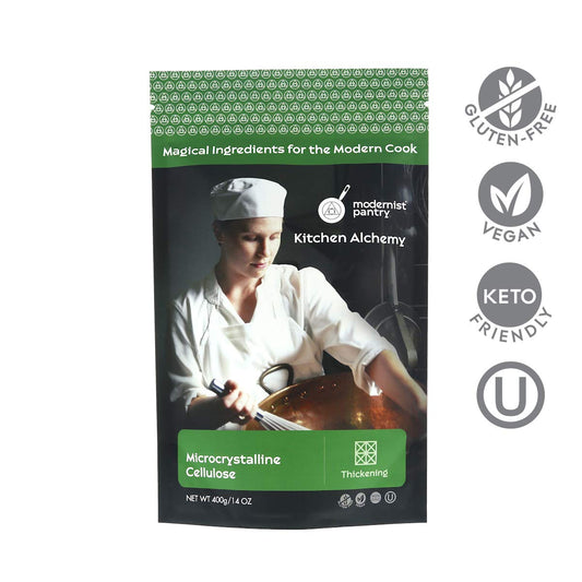 Modernist Pantry Pure MCC powder with scoop emphasizes easy measuring and consistent bulking