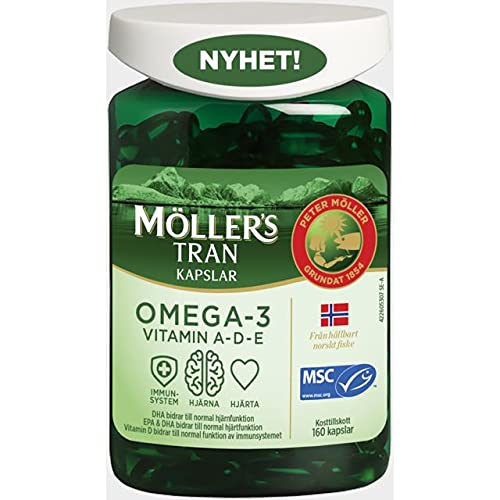 Möller’s Omega-3 capsules bottle with EPA and DHA for daily wellness and vitamin support.