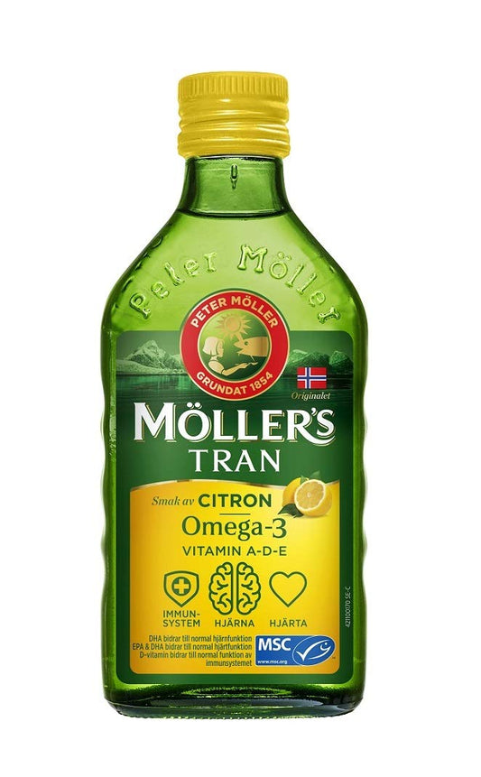 Möller’s Tran cod liver oil bottle with lemon flavor for daily use.