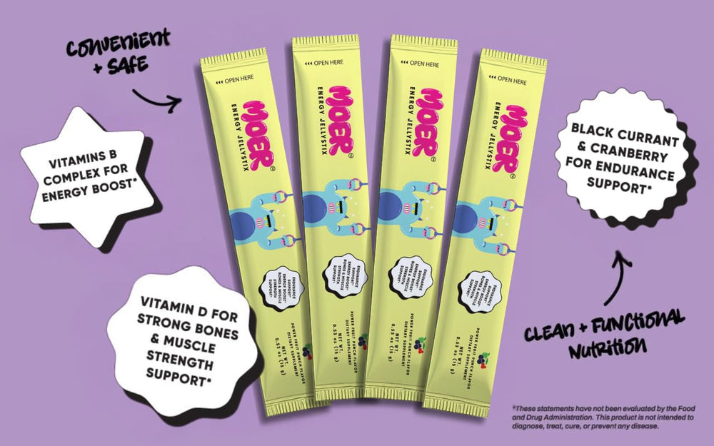 MOER Energy JellyStix Fruit Punch Stick being chewed for quick, caffeine-free energy