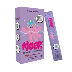 MOER Immunity JellyStix elderberry-acai sticks shown with berries for antioxidant support in kids