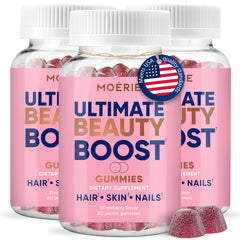 Moerie bottle with gummies showcases convenient daily beauty support for hair, skin, and nails.