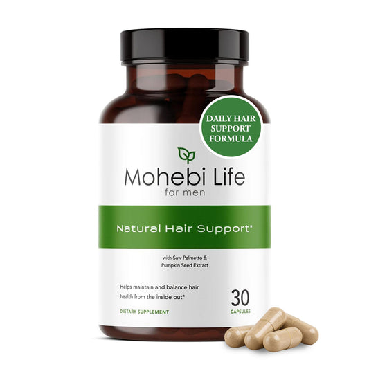 Mohebi Life bottle showing hair growth supplement for fuller hair.