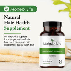 Mohebi Life capsules closeup highlighting daily intake for hair wellness.