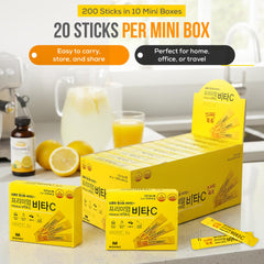 Lemon-flavored vitamin C powder stick ready to use without water.