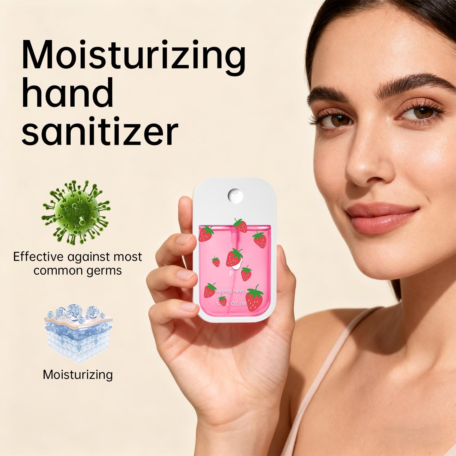 Moisturizing Hand Sanitizer Spray packaging close-up.
