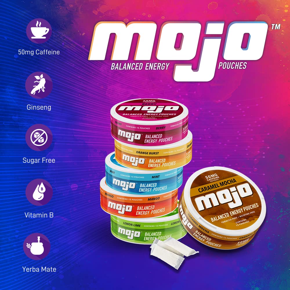 MOJO Balanced Energy Pouches Lemon Lime label close-up shows Ginseng and Yerba Mate benefits.