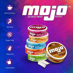MOJO Balanced Energy Pouches Lemon Lime label close-up shows Ginseng and Yerba Mate benefits.