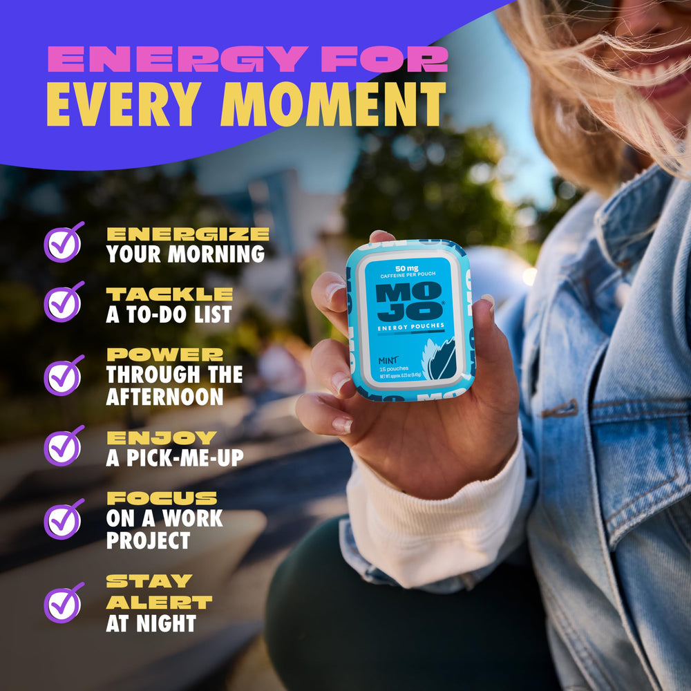 MOJO Energy Pouches Mint flavor close-up, flavorful option.