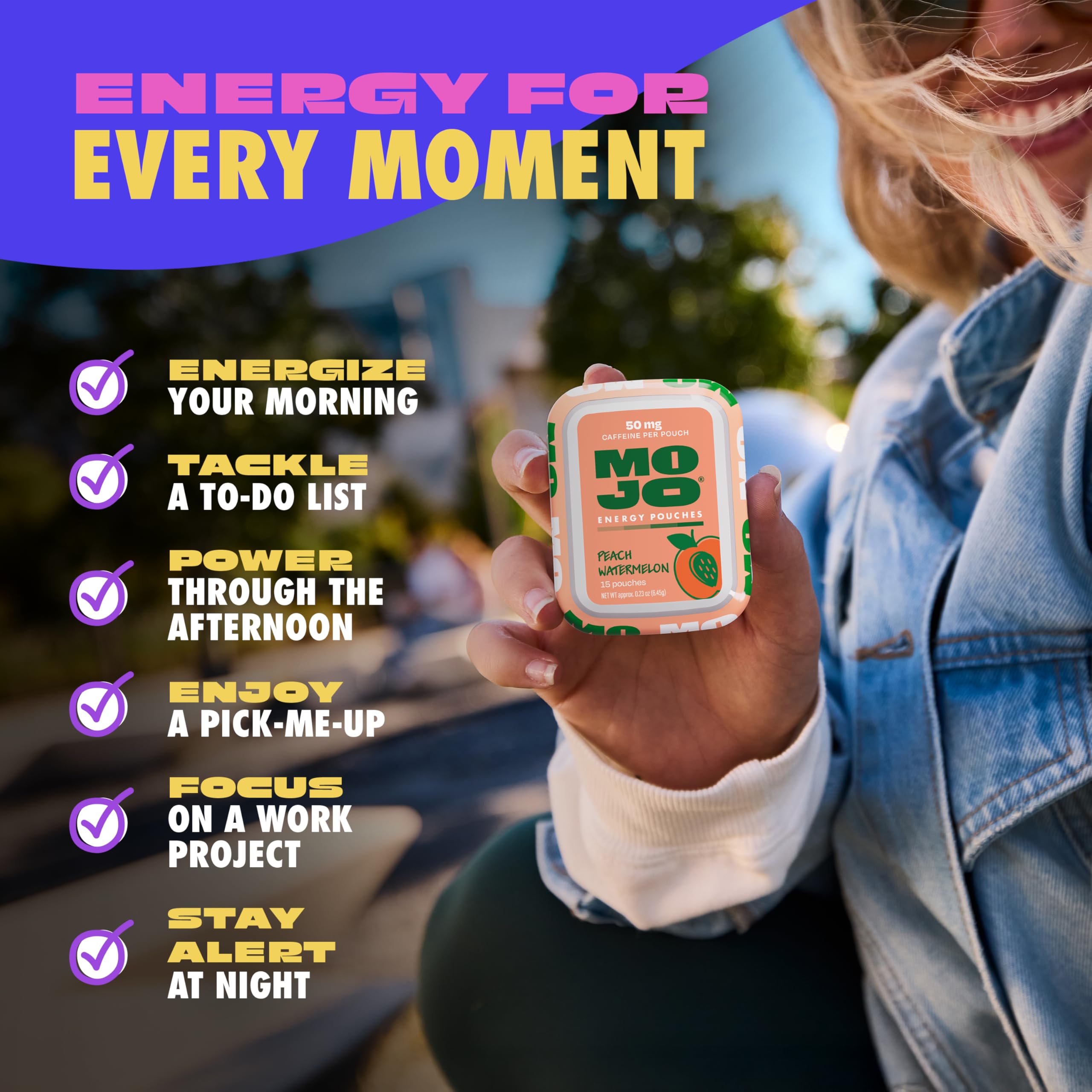 MOJO Energy Pouches Peach Watermelon flavor shot profile