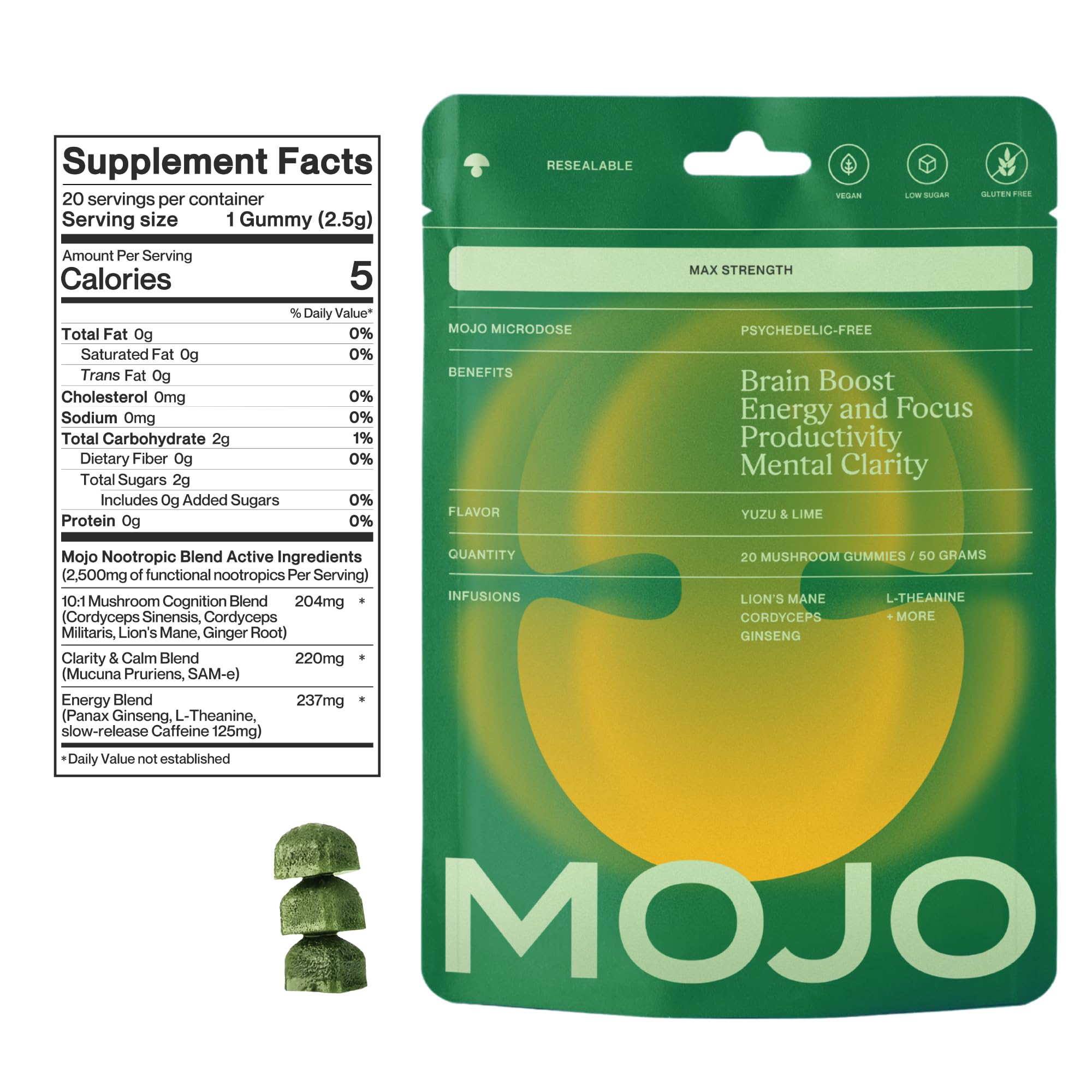 Mojo Extra Strength Focus Gummies dispense pour illustrates easy daily dosing for focus.