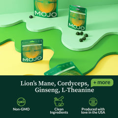 Mojo Focus Gummies label highlights vegan and gluten-free ingredients.
