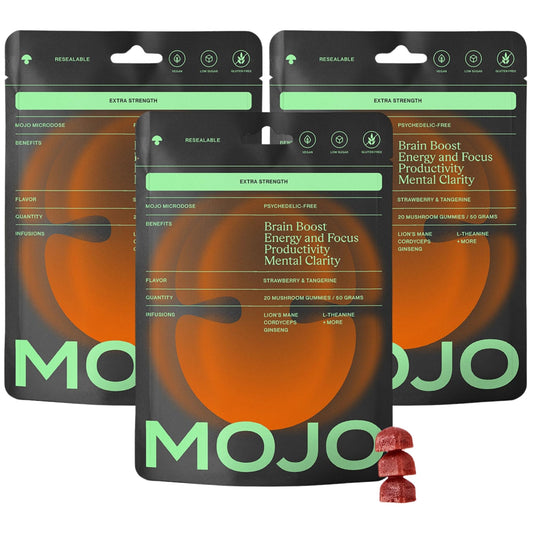 Mojo Extra Strength Focus Gummies bottle highlights lion's mane for sharper focus