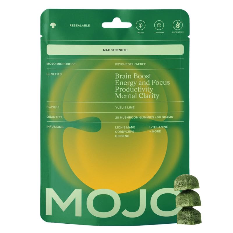 Mojo Extra Strength Focus Gummies Yuzu Lime bottle on display for daily focus support.