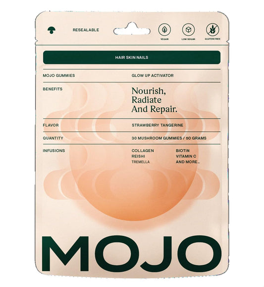 Mojo Hair, Skin & Nails Gummies pack shot; supports daily beauty from within