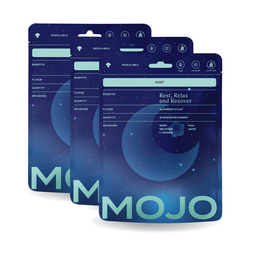 Mojo Sleep Gummies bottle front promotes calm, restful nights.