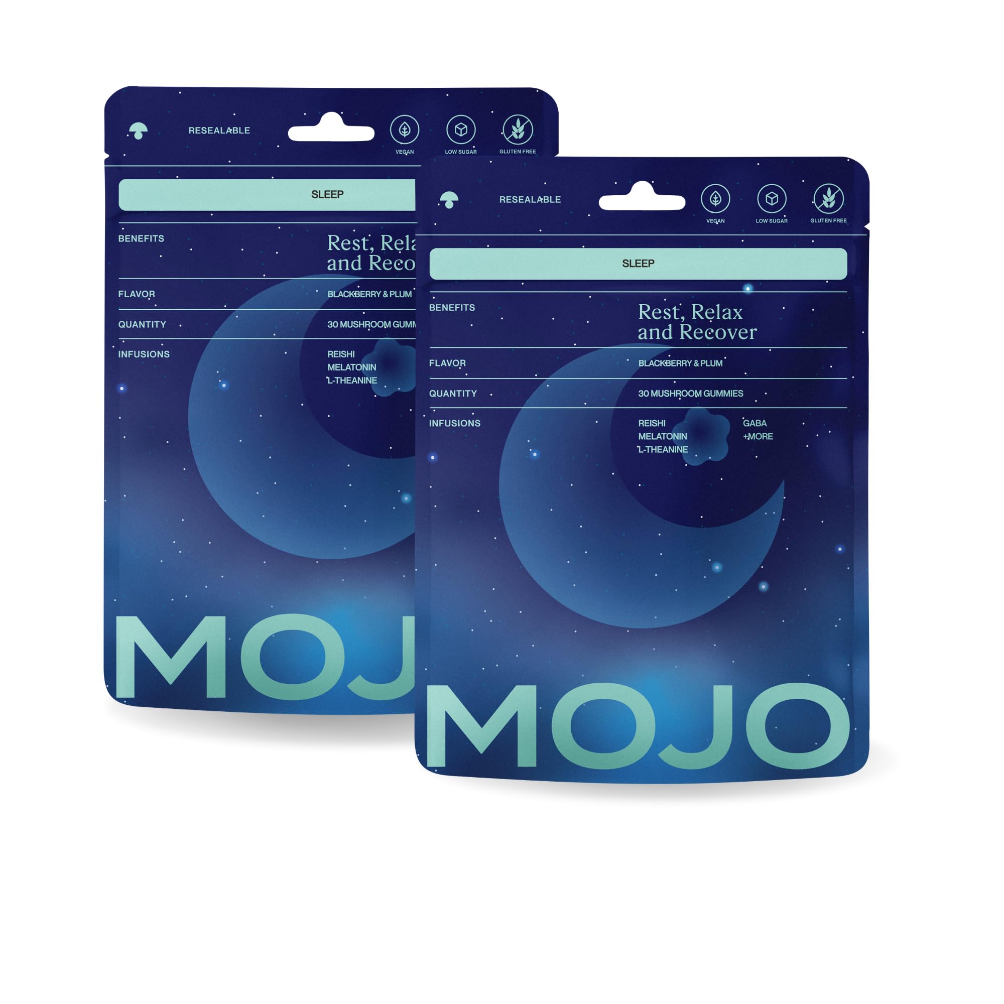 Mojo Sleep Gummies bottle with berry-plum flavor label for a calmer night