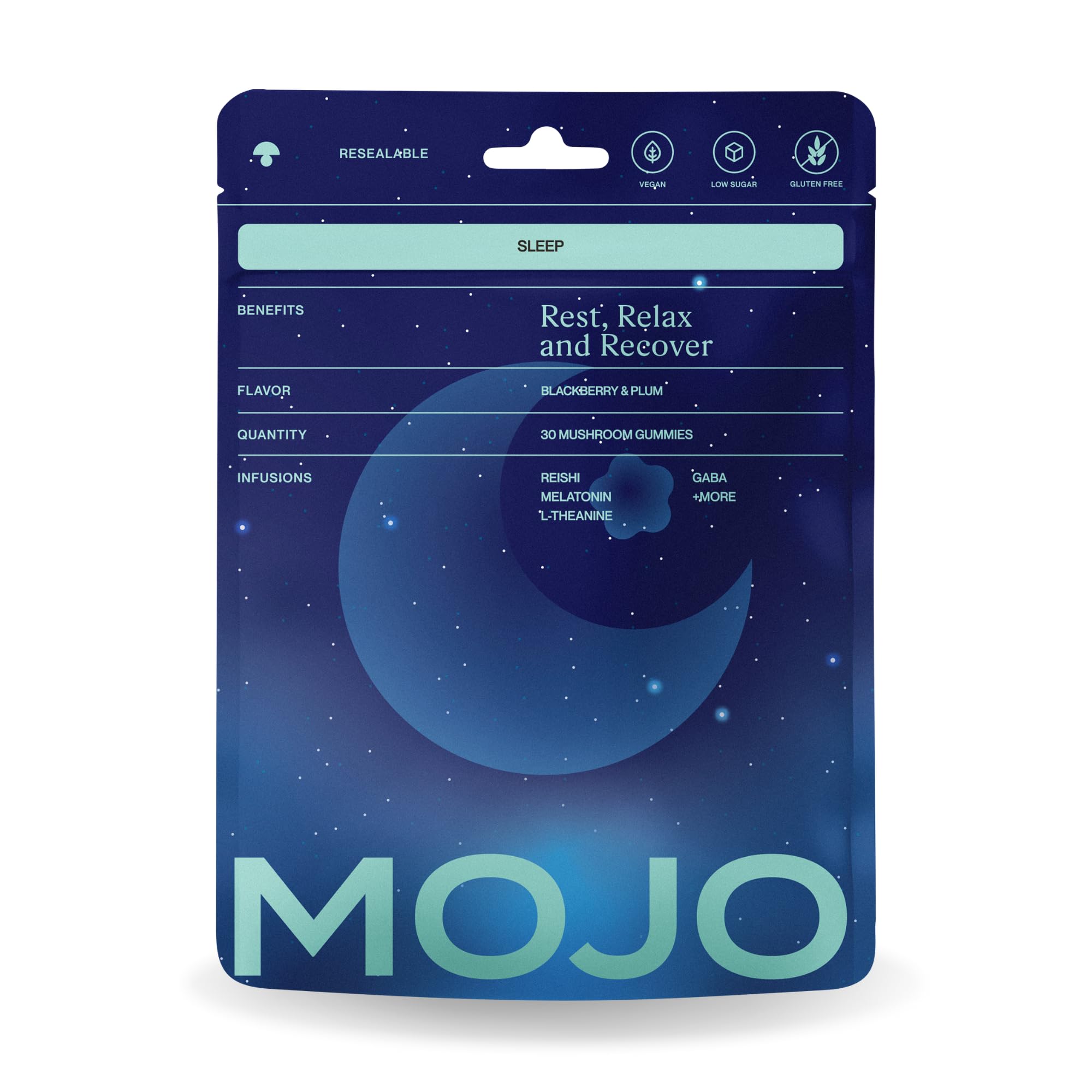 Mojo Sleep Gummies bottle front with vegan, non-GMO branding for restful nights.