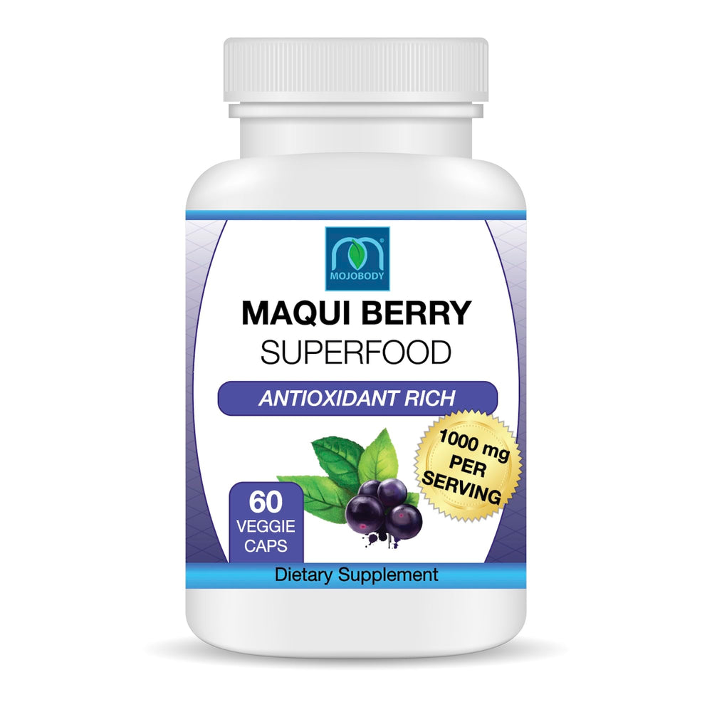 MOJObody Maqui Berry Capsules bottle front highlights antioxidant power