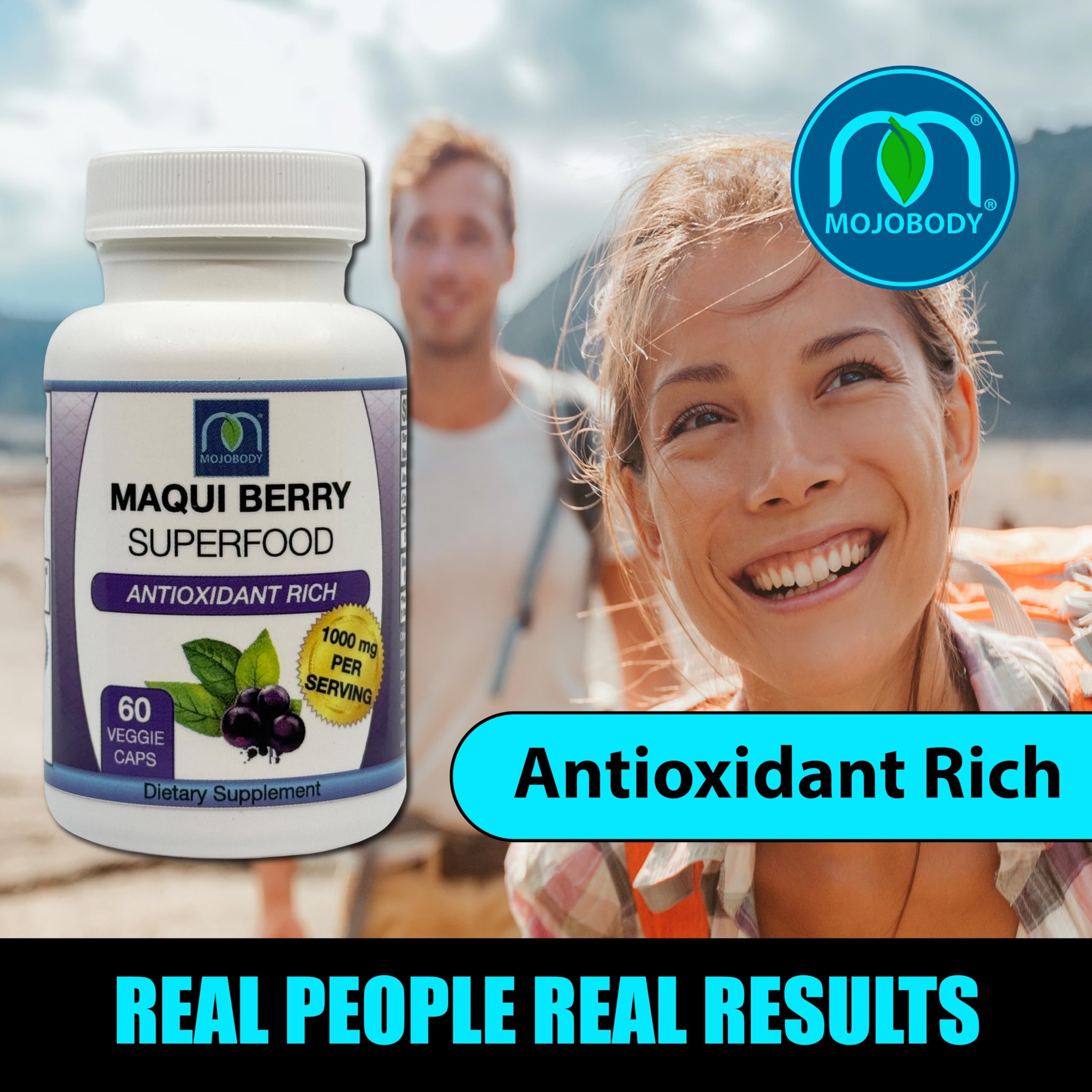 MOJObody Maqui Berry Capsules label close-up communicates organic freeze dried maqui quality
