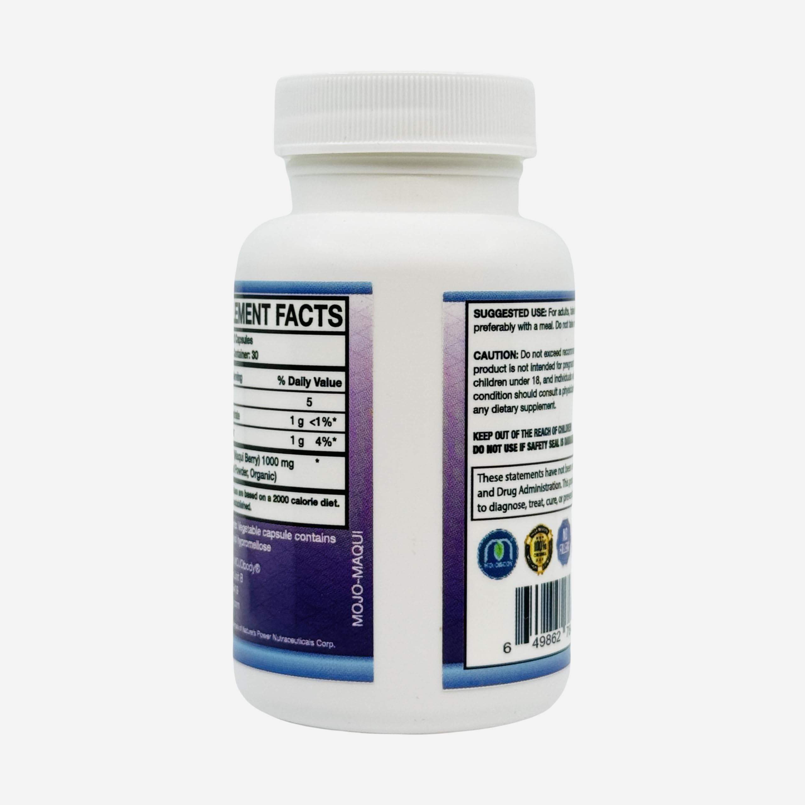 MOJObody Maqui Berry Capsules bottle with third party testing icon indicating purity