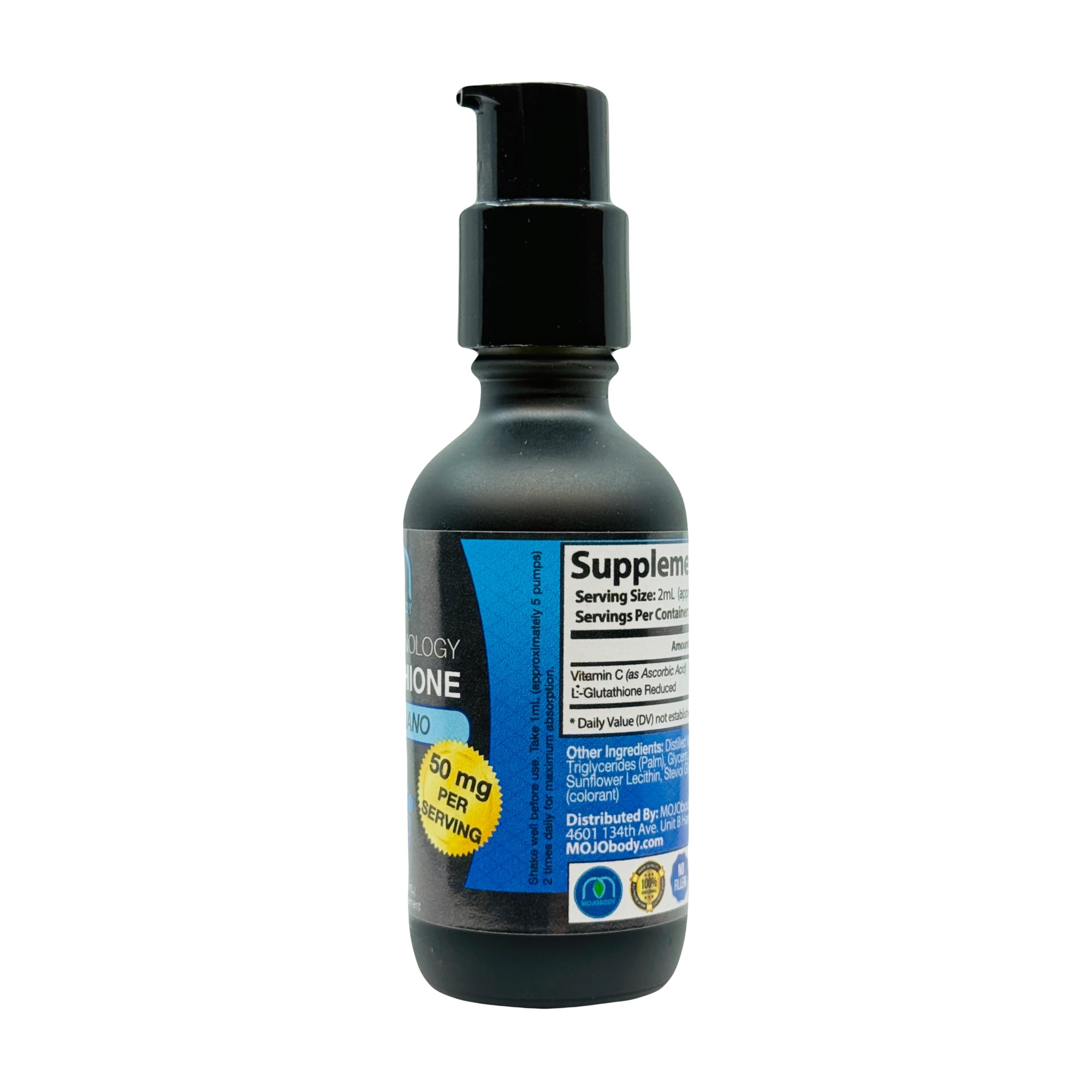 MOJObody Glutathione bottle with clear pump shows controlled dosing.