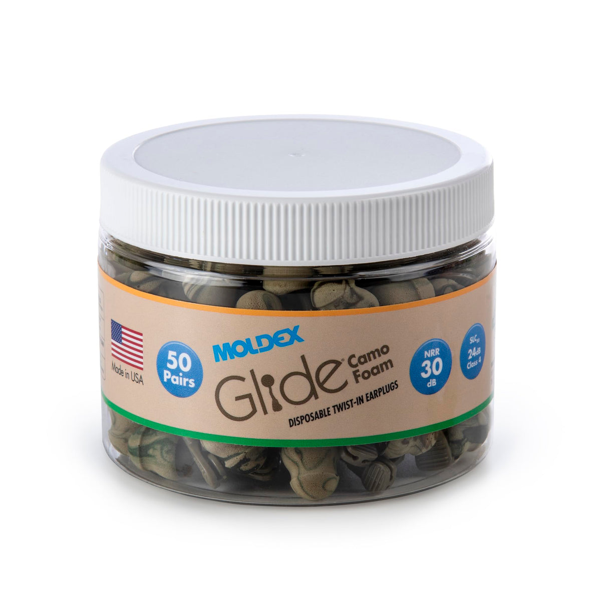 Moldex Glide camo earplugs in a jar for easy storage on job sites.