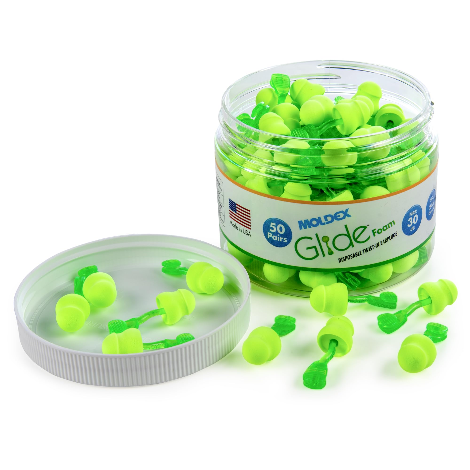 Moldex Glide uncorded foam earplug jar for easy storage and quick access at work