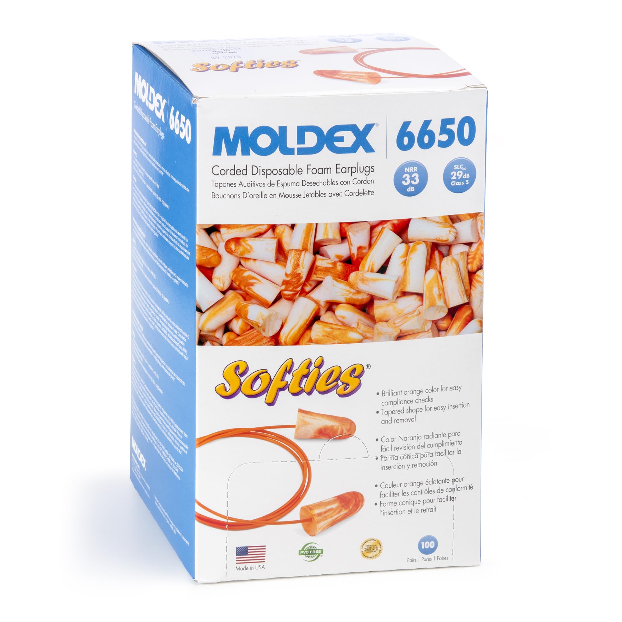 Moldex Softies bright orange packaging shown with 100 pairs