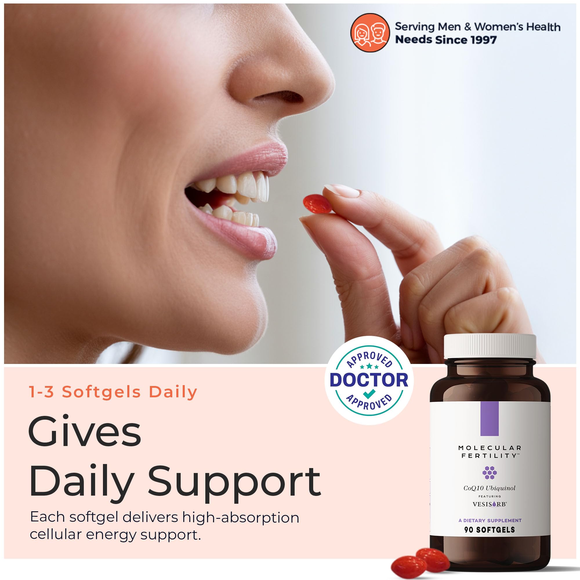 Molecular Fertility CoQ10 ubiquinol capsules closeup demonstrates easy daily dosing.