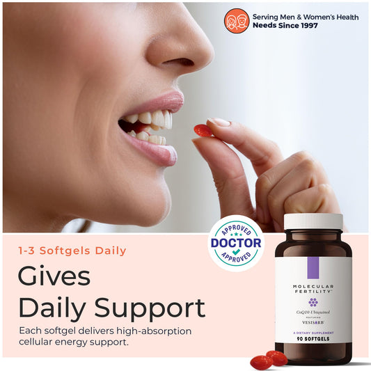 Molecular Fertility CoQ10 ubiquinol capsules closeup demonstrates easy daily dosing.