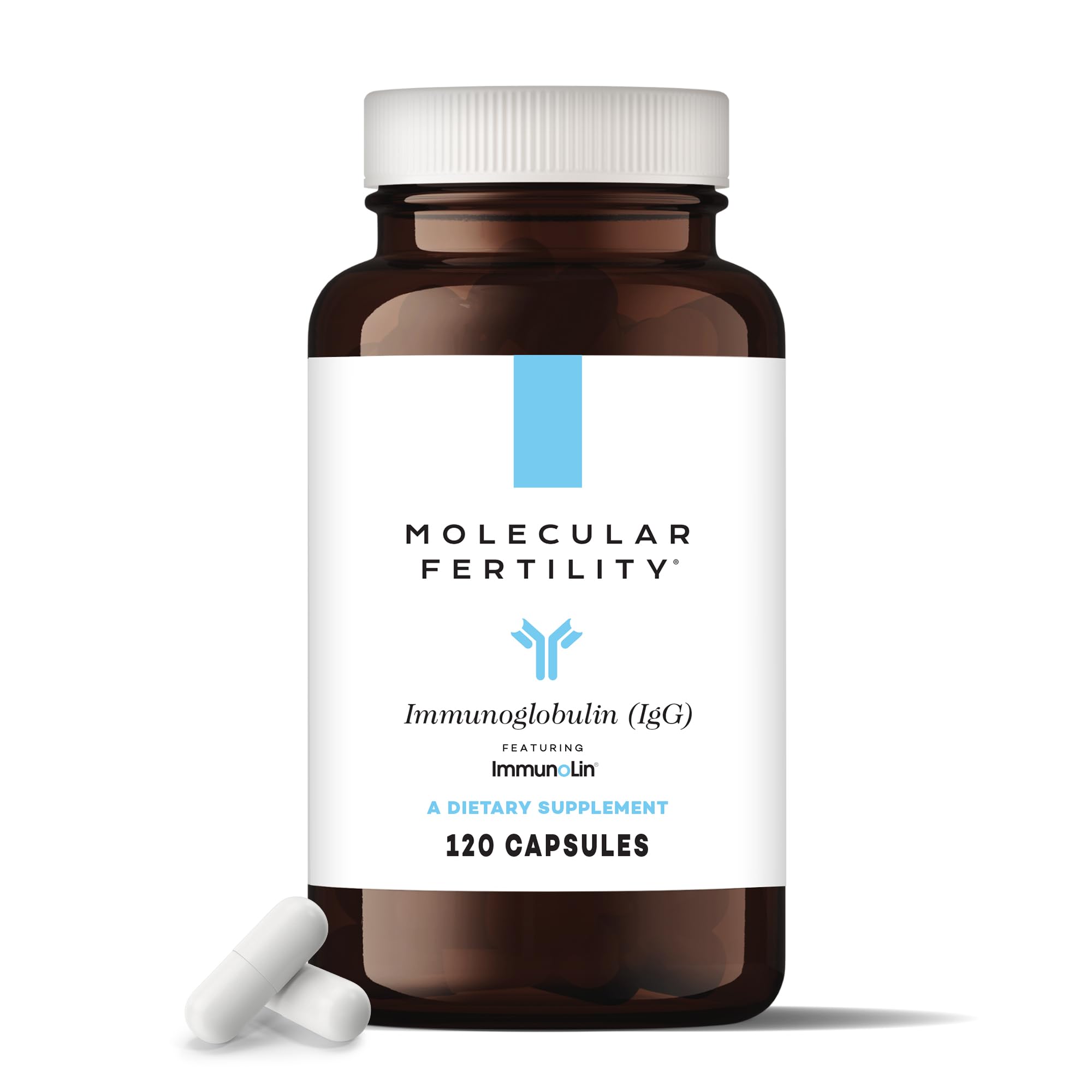 Molecular Fertility Immunoglobulin bottle label highlighting dairy-free immune support