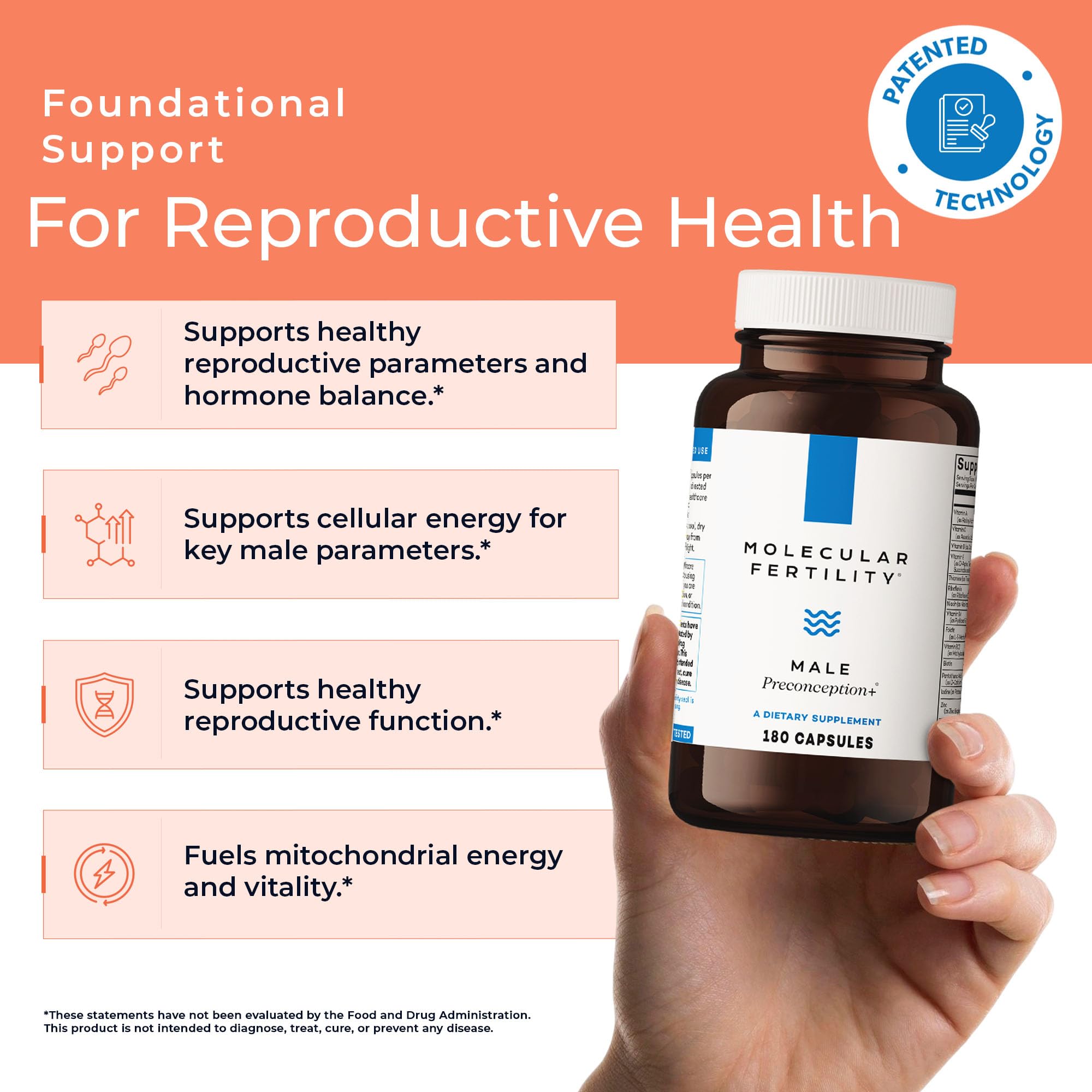 Molecular Fertility dosage pack emphasizes bottle cap and easy dosing.