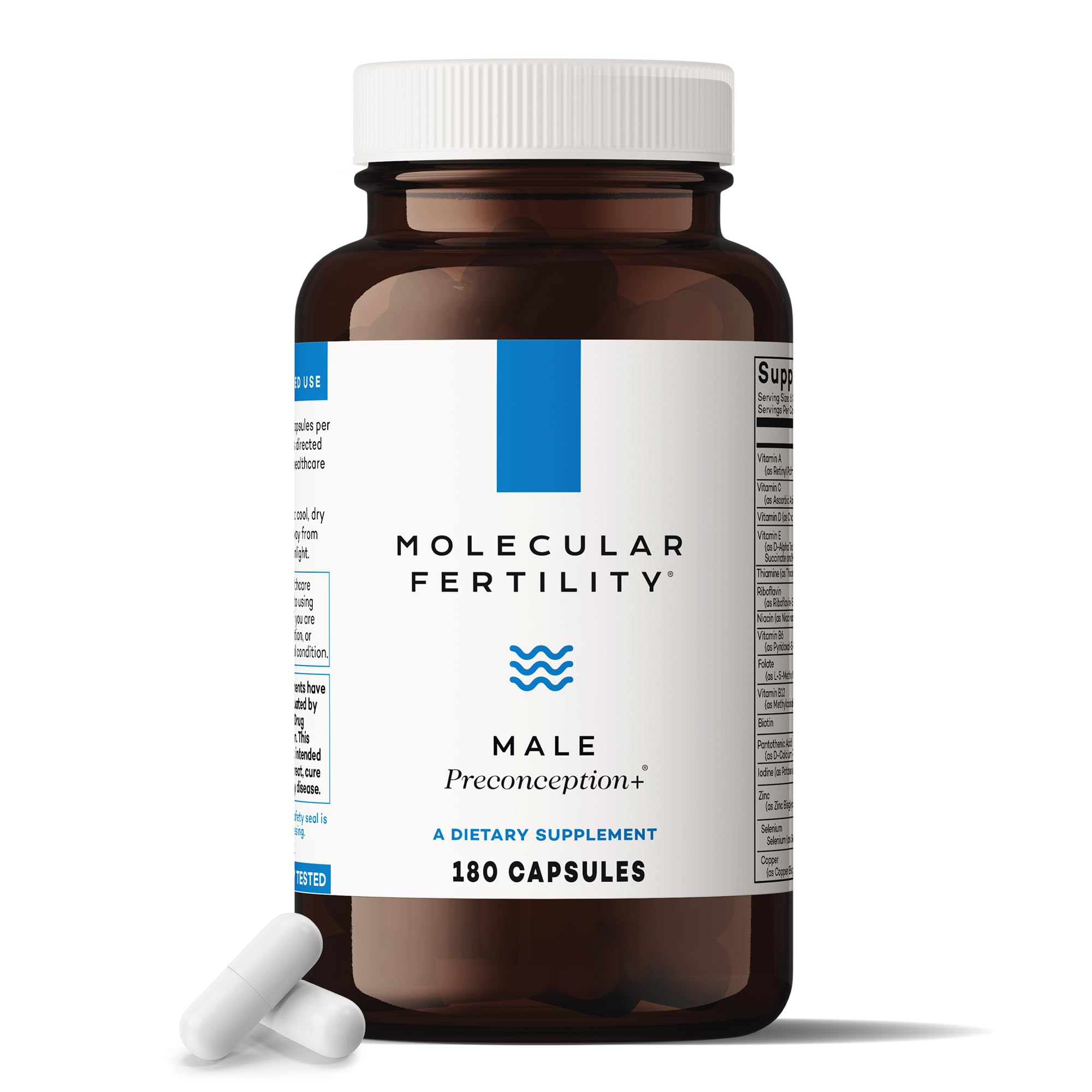 Molecular Fertility Male Preconception bottle with capsules for reproductive cell support.