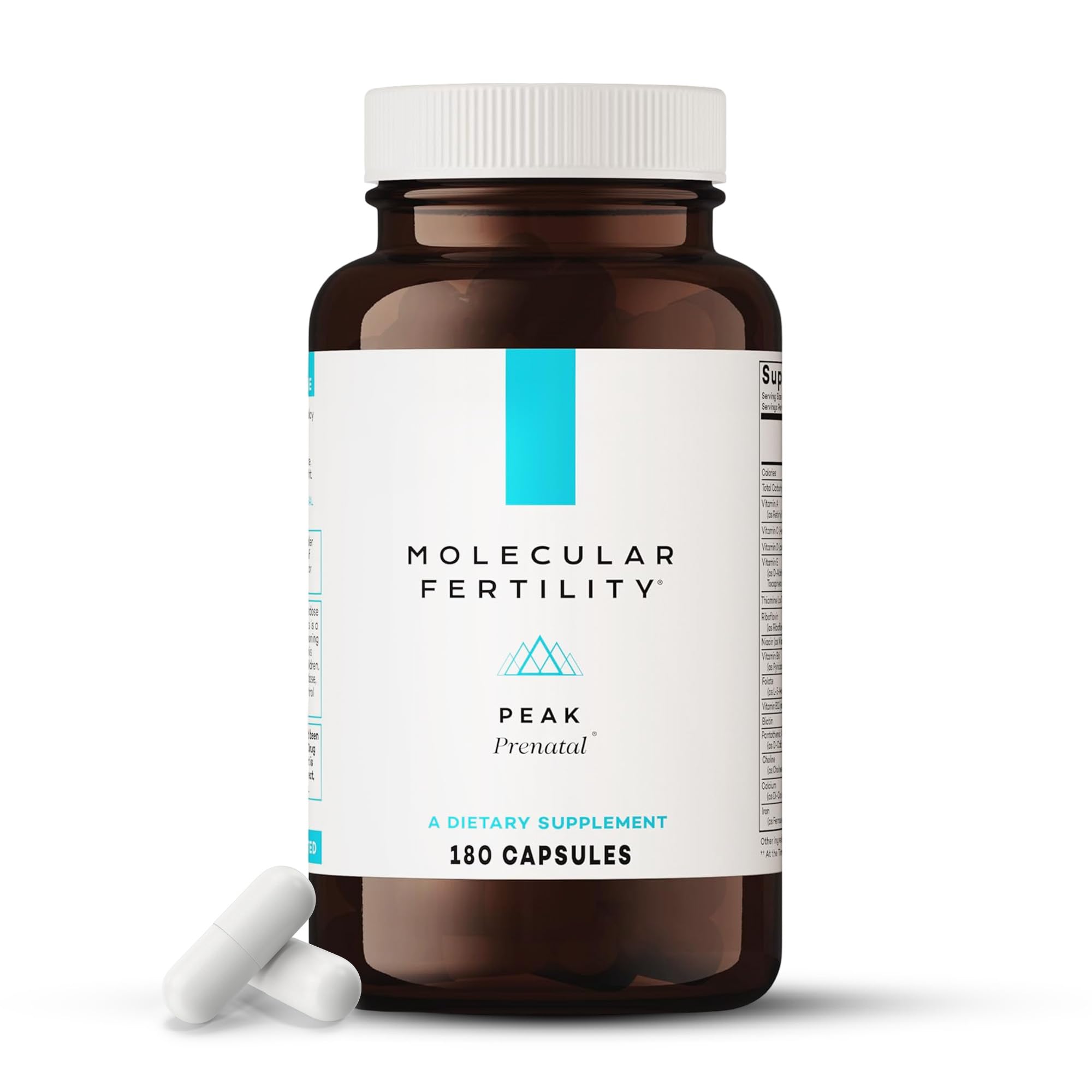 Molecular Fertility Peak Prenatal bottle shown for convenient daily capsules supporting preconception to postpartum