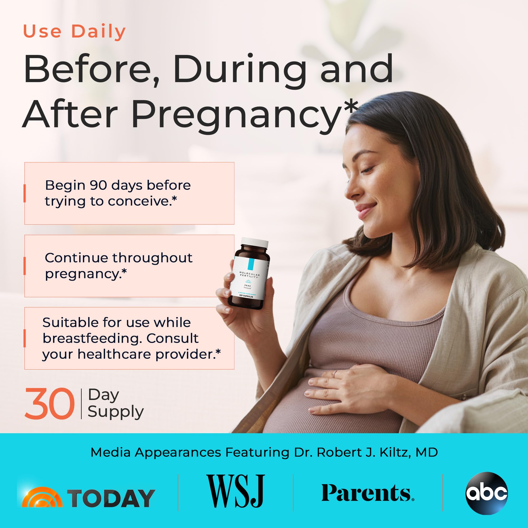 Molecular Fertility Peak Prenatal ingredients label emphasizes 42 components for comprehensive wellness