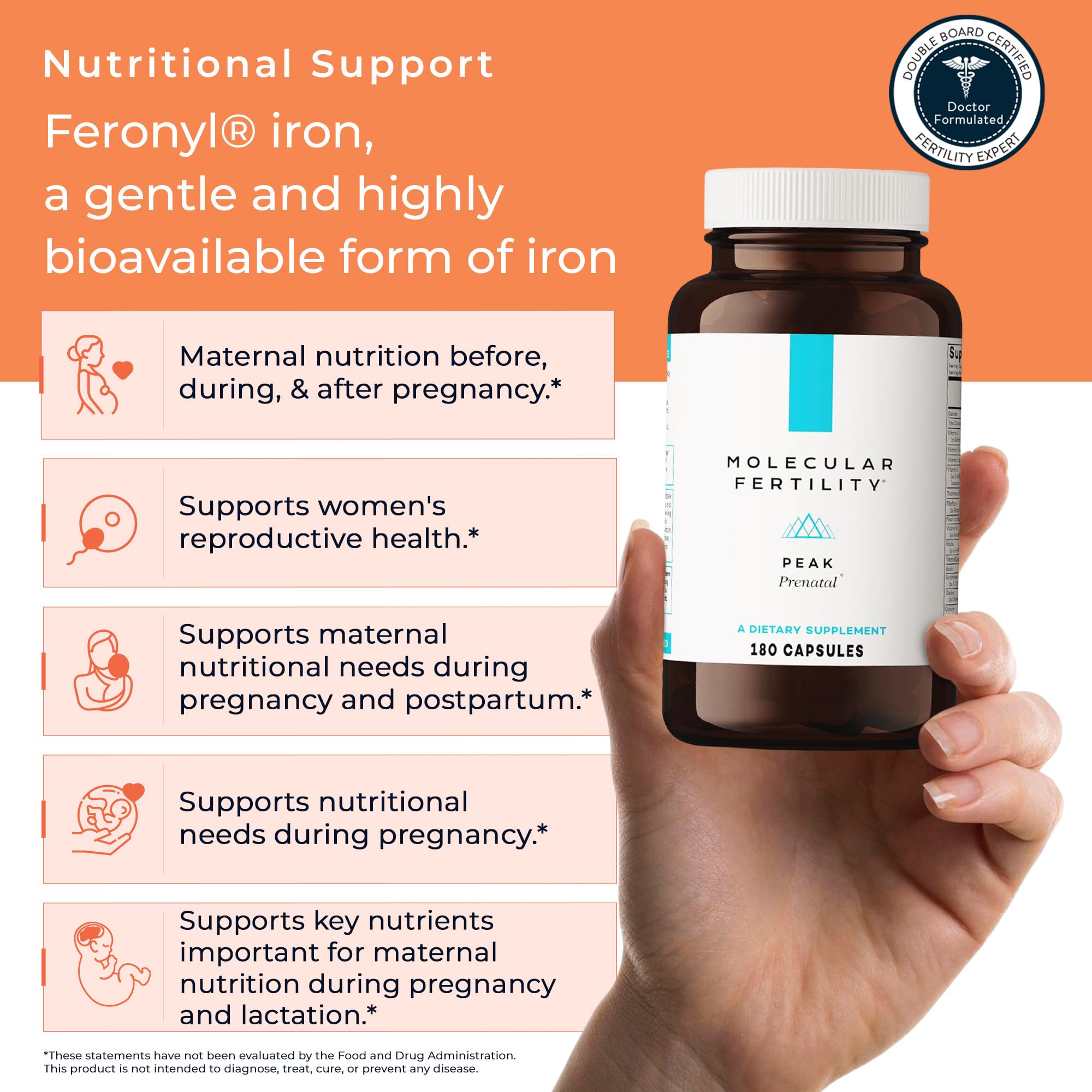 Molecular Fertility Peak Prenatal iron pill demonstrates Ferrochel support for gentle daily intake