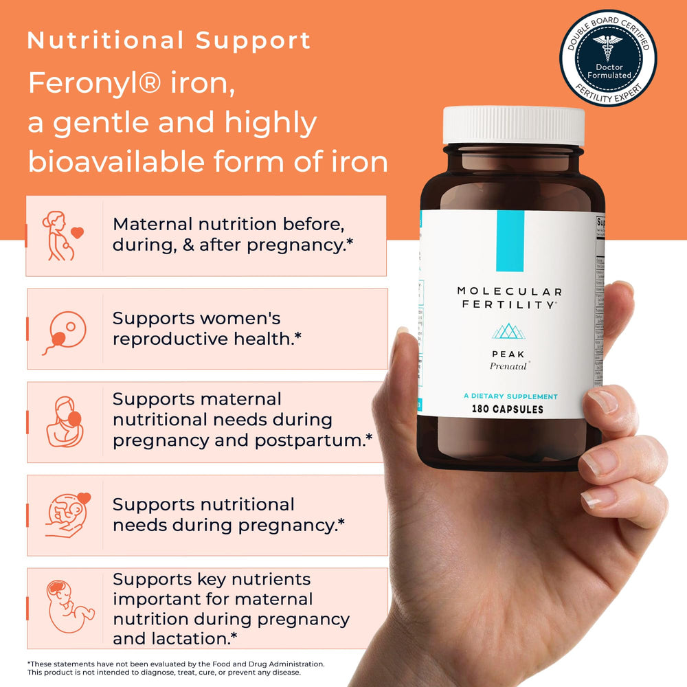 Molecular Fertility Peak Prenatal iron pill demonstrates Ferrochel support for gentle daily intake