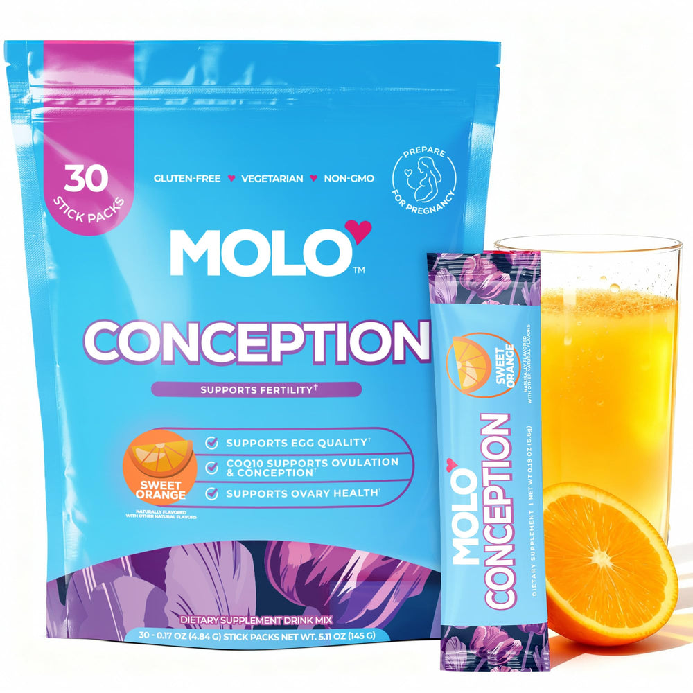 MOLO Conception bottle front with easy powder for ovarian health support