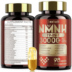 Molorik Pure 19in1 NMNH bottle on desk; supports healthy aging and energy.