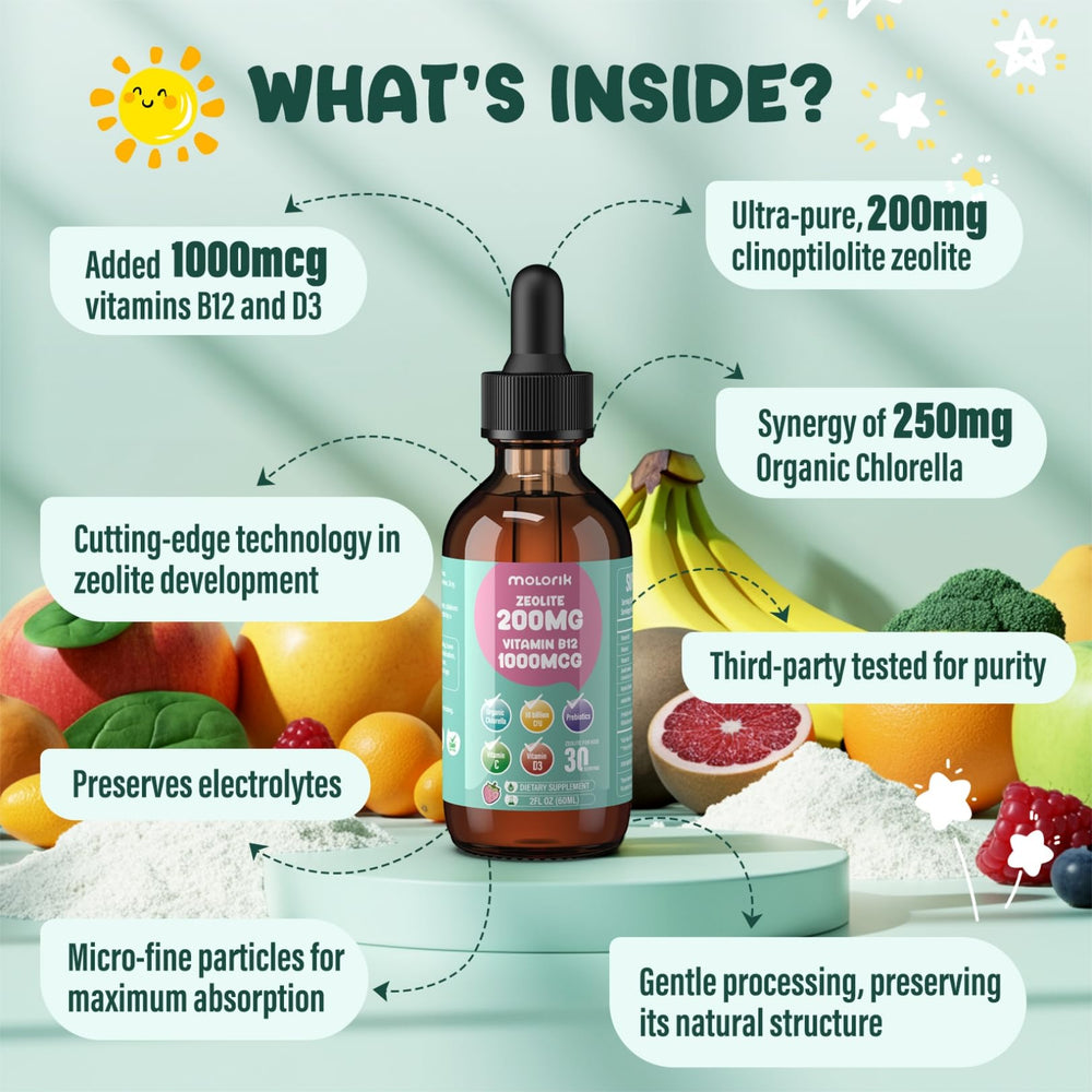 Molorik Pure Zeolite Drops highlighting 1000 mcg B12 for energy support.