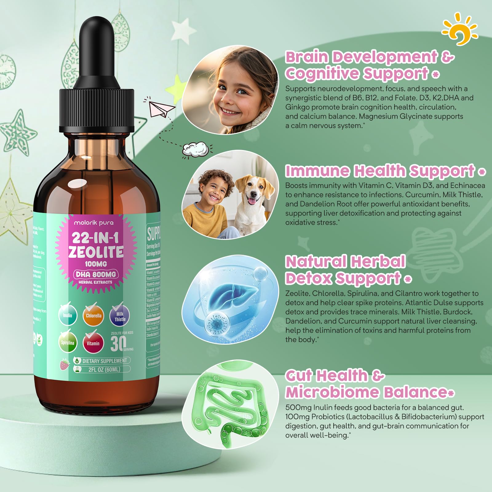 Molorik Pure DHA algae oil supports brain health and learning.