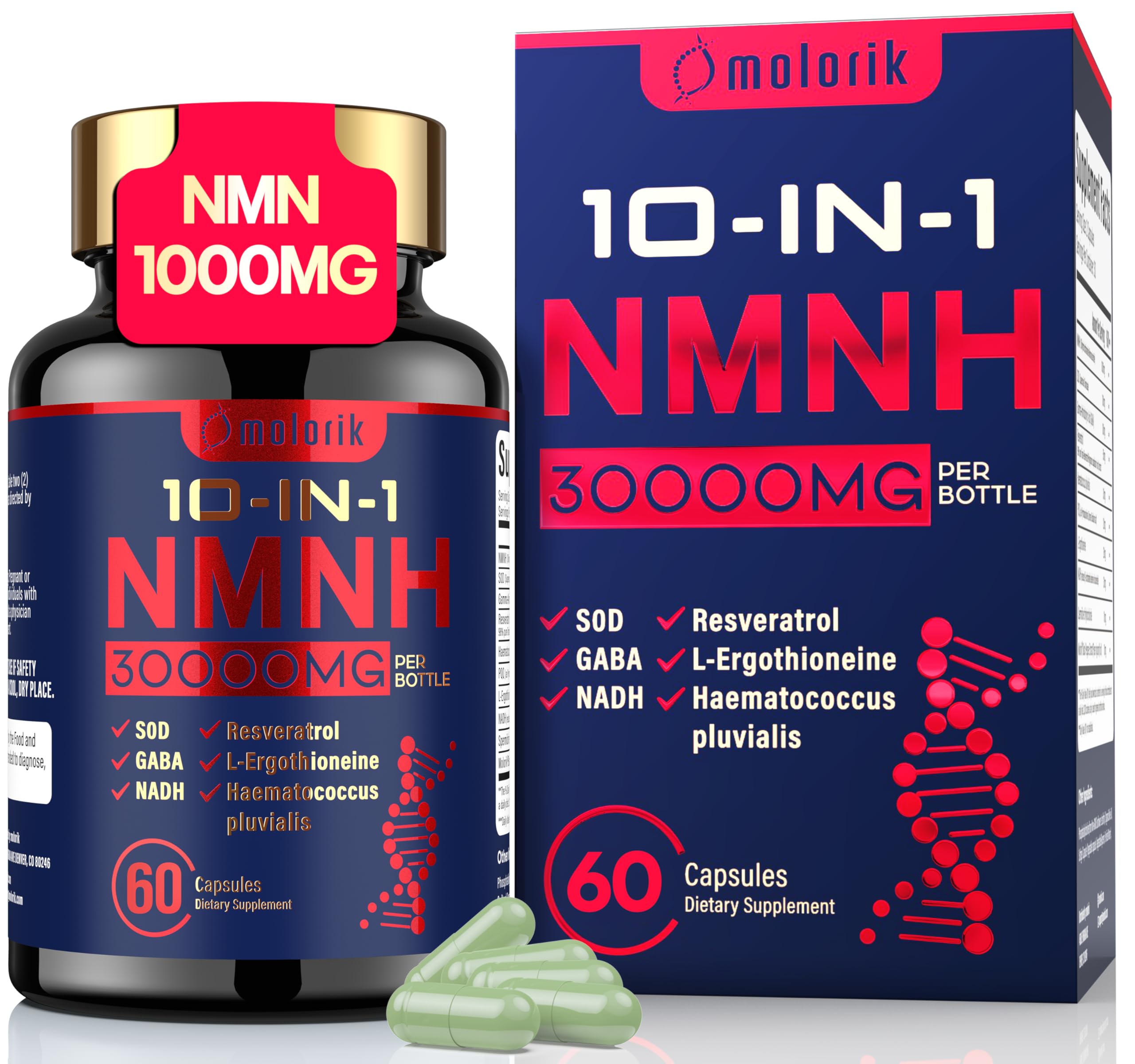 Molorik Pure NMNH bottle with 60 capsules supports potential healthy aging and vitality.