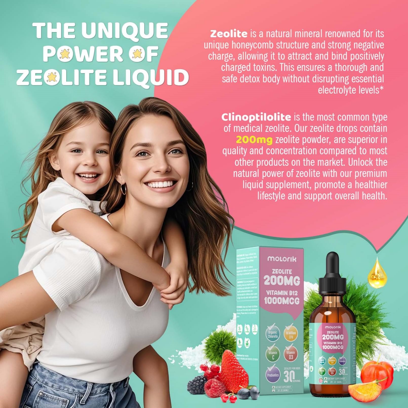 Molorik Pure Zeolite Liquid label close up highlighting strawberry flavor