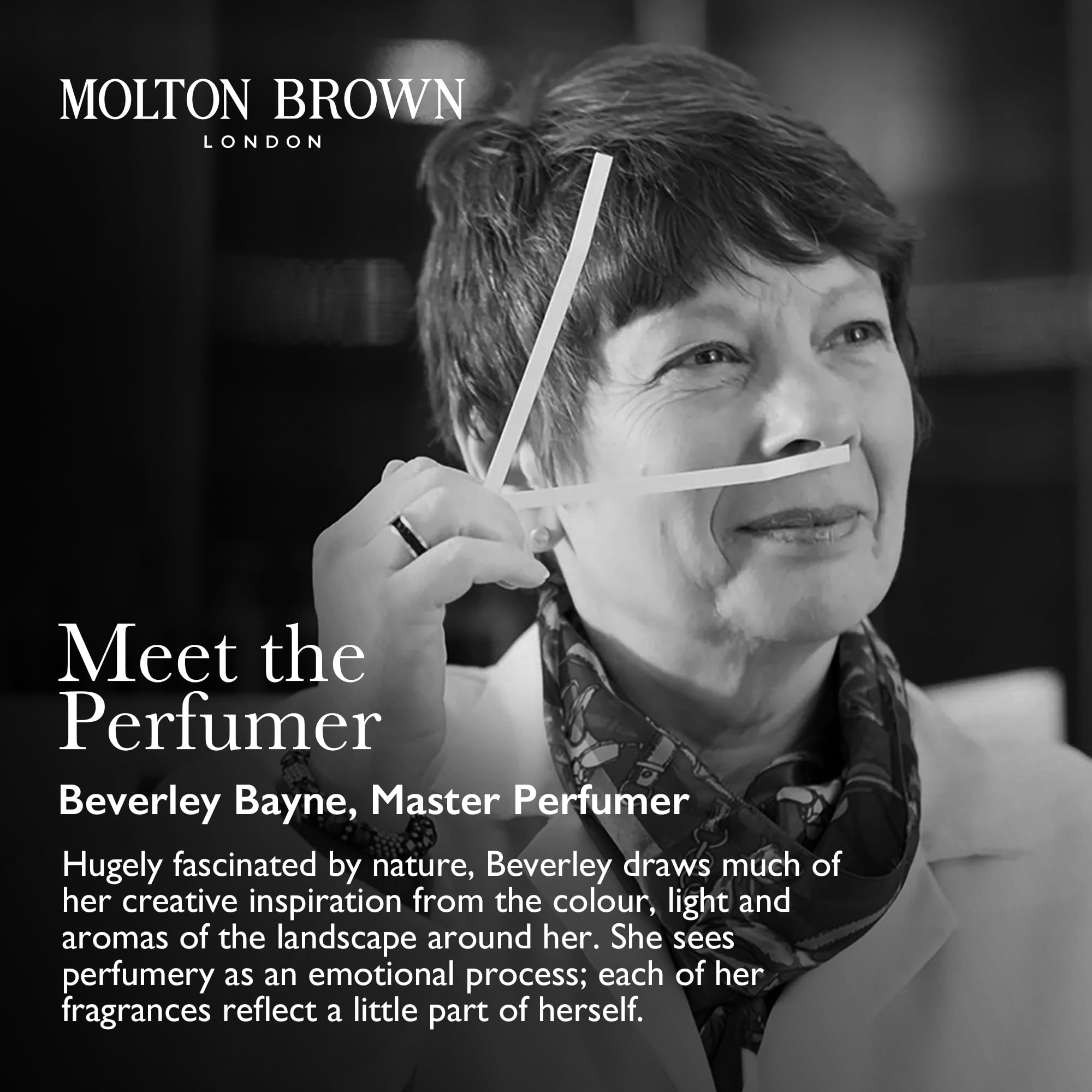 Molton Brown 21oz candle in glass jar provides long-lasting scent.
