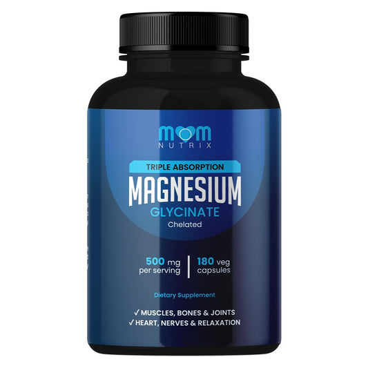 MOM NUTRIX magnesium glycinate bottle highlighting high-purity magnesium.