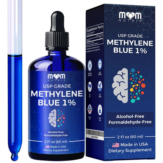MOM NUTRIX Methylene Blue bottle close-up, purity for focused thinking.