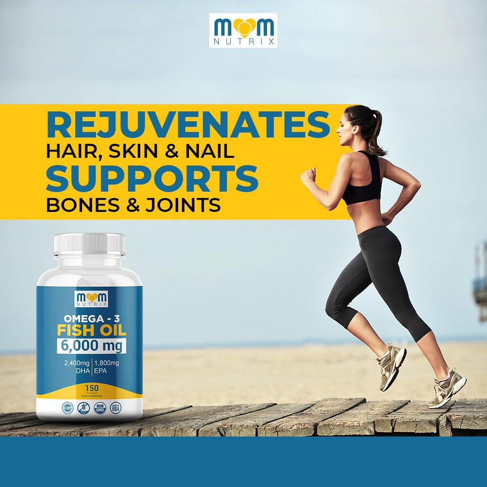 MOM NUTRIX Omega 3 daily-use setup suggests 2 softgels per day routine.