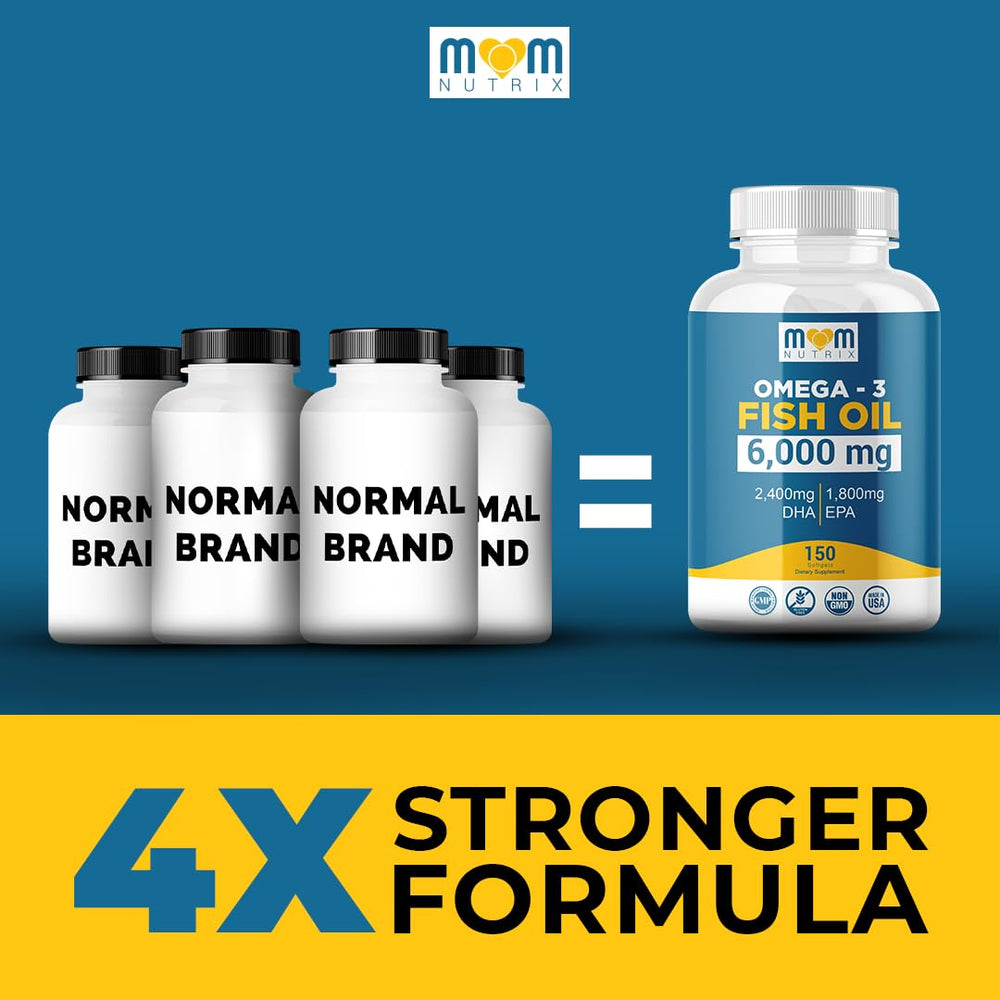 MOM NUTRIX Omega 3 label and packaging emphasizes USA-made GMP quality.